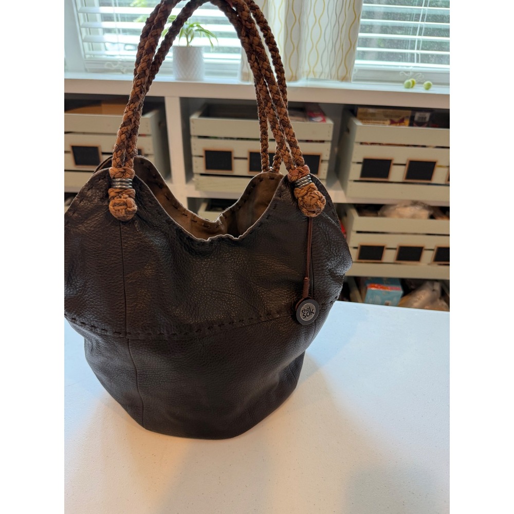 The Sak Dark Brown Pebbled Leather Hobo Bag Braided Strap Slouchy Bucket Tote - Picture 7 of 16